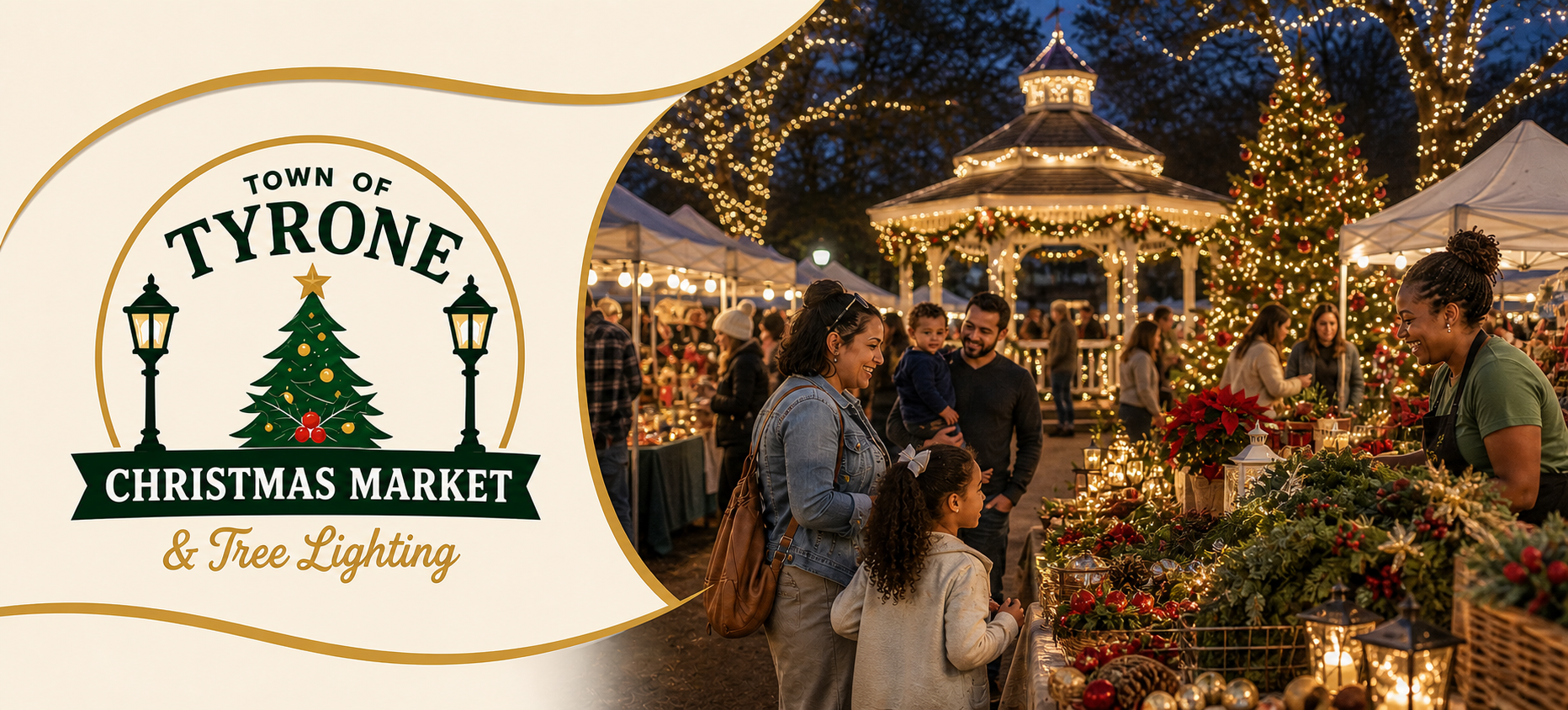 Christmas Market and Tree Lighting banner featuring the official Town of Tyrone event logo beside a festive holiday market scene.