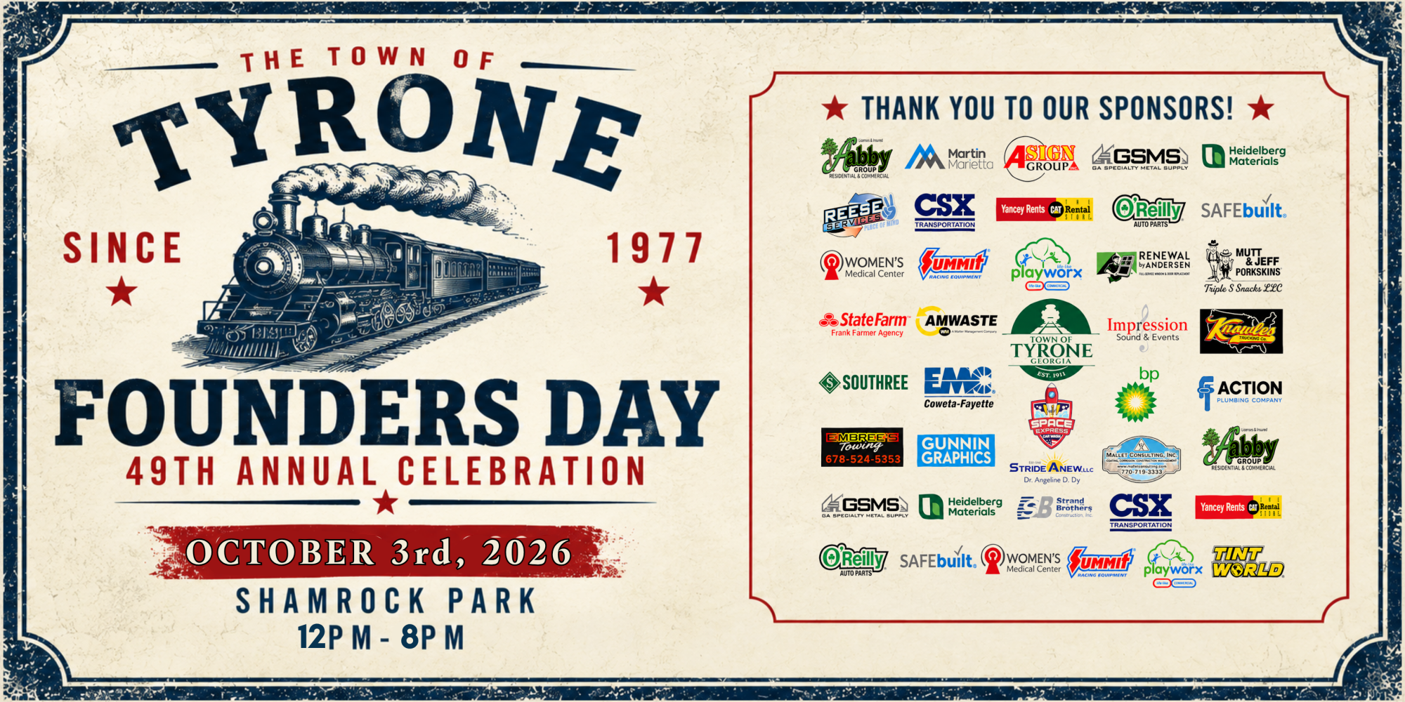 Illustration of a locomotive steam engine train, and a list of sponsors logo