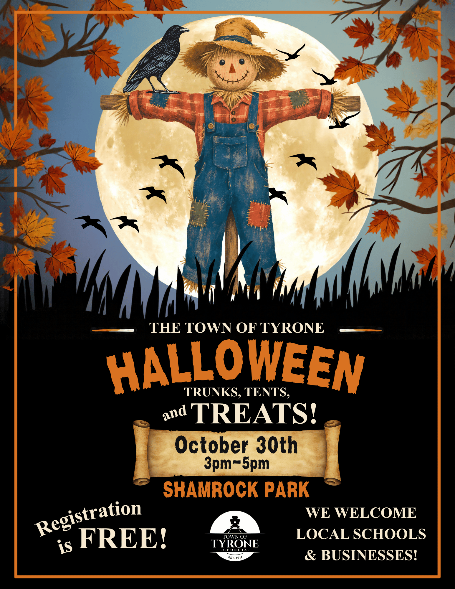 Halloween Poster of illustrated scarecrow, autumn leaves and bat