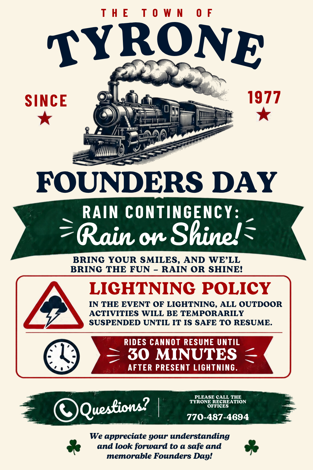 Steam Engine locomotive, lightning warning image, founders day info