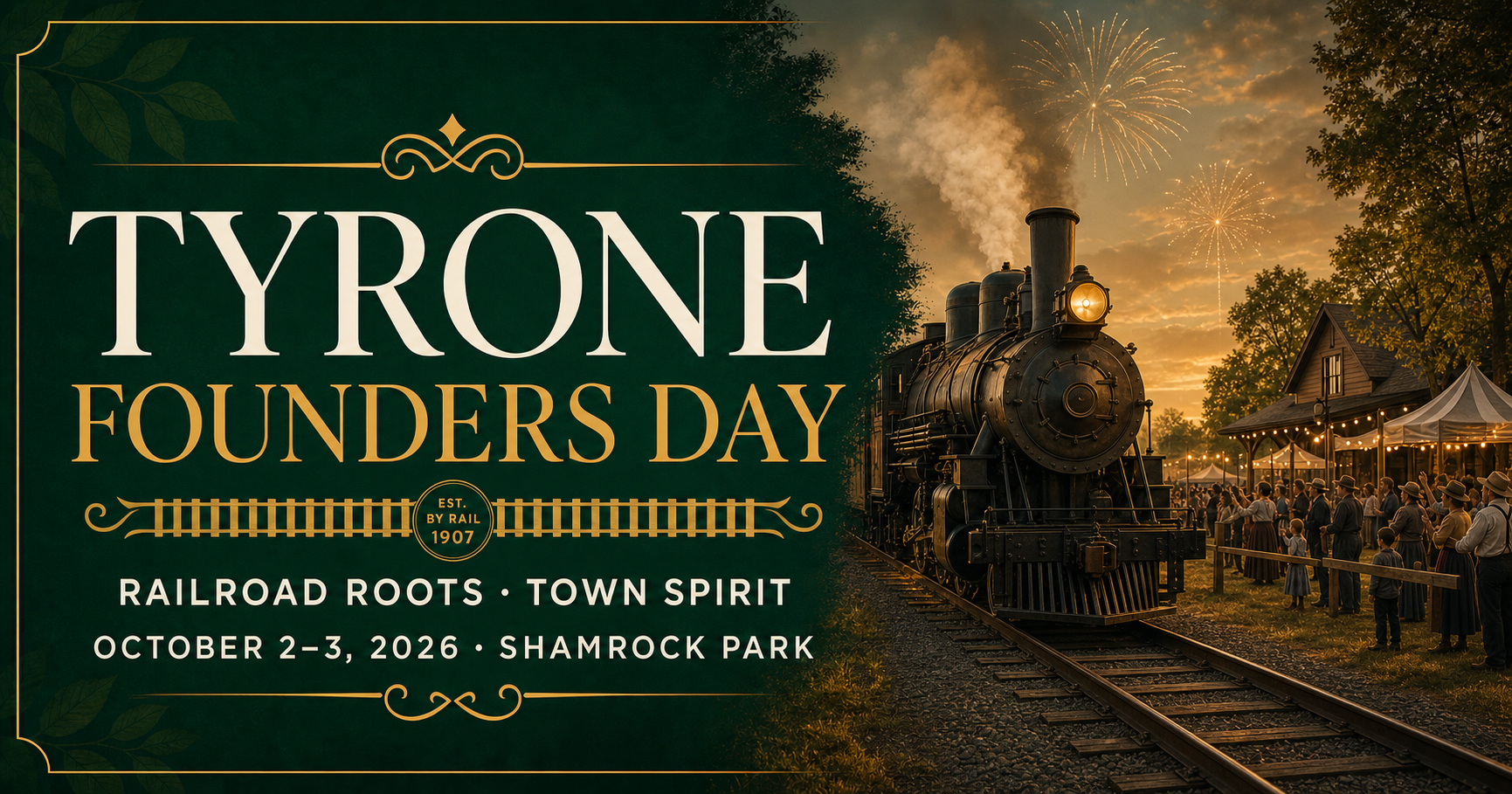 Tyrone Founders Day 2026 banner featuring the Railroad Roots, Town Spirit theme, October 2–3 at Shamrock Park.