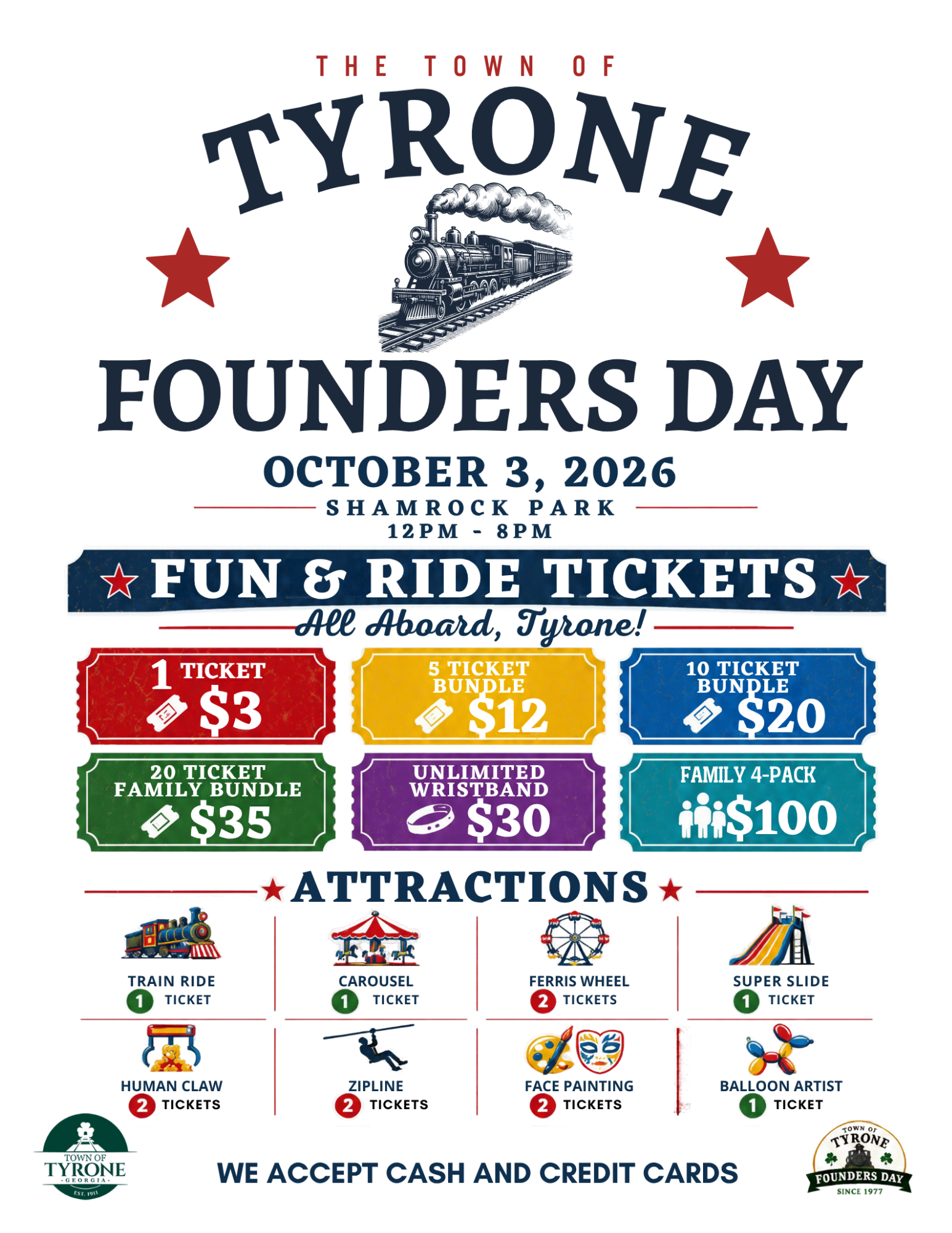 Illustrated tickets with prices, illustrated images of trainm carousel, ferris wheel, super slide, ballons, face painting, zipline, logo of Founders Day