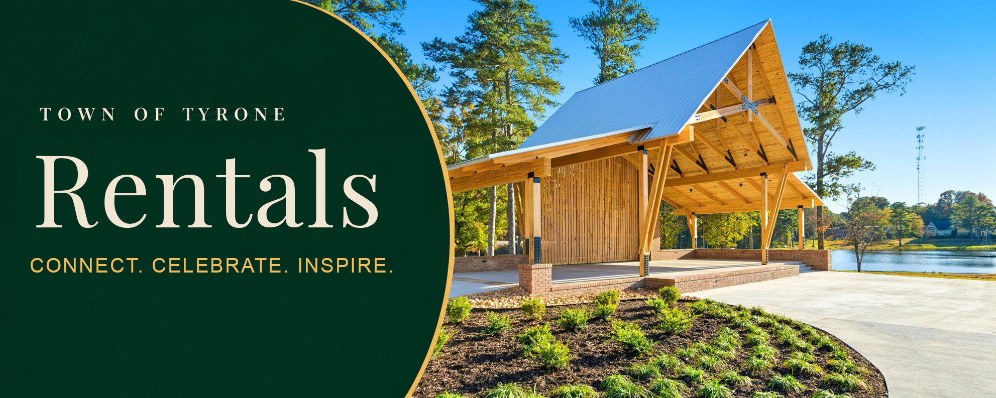 Rentals banner featuring the stage pavillion, trees and sidewalks