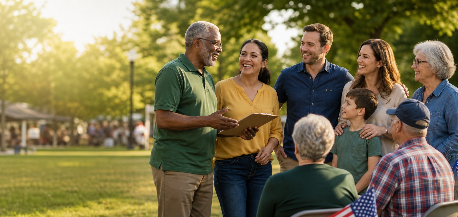 Diverse Tyrone community members smiling and sharing ideas during a gathering in a park.