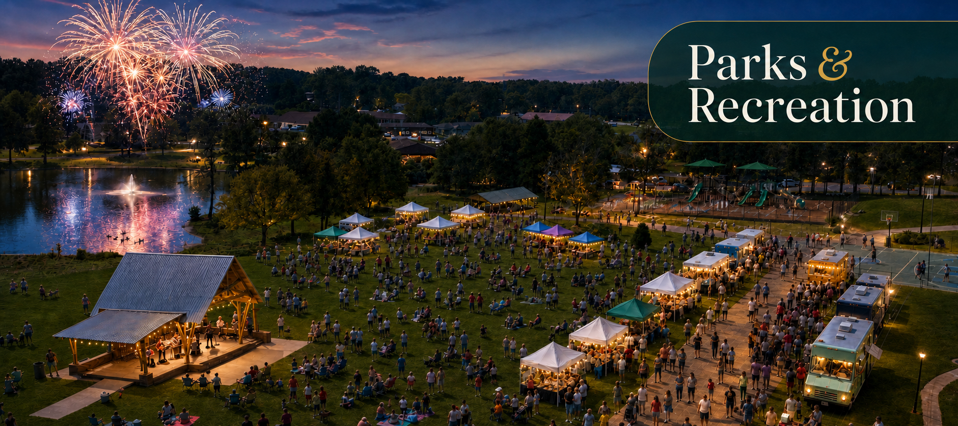 Evening community festival at Shamrock Park featuring families, vendor tents, food trucks, the park stage, and fireworks over the lake, with a Parks & Recreation title overlay